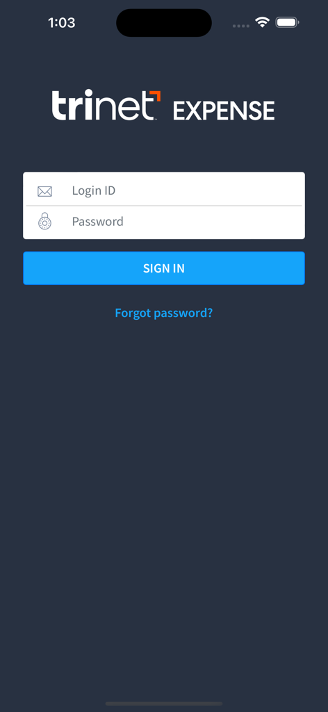 TriNet Expense mobile app login interface with user ID and password fields