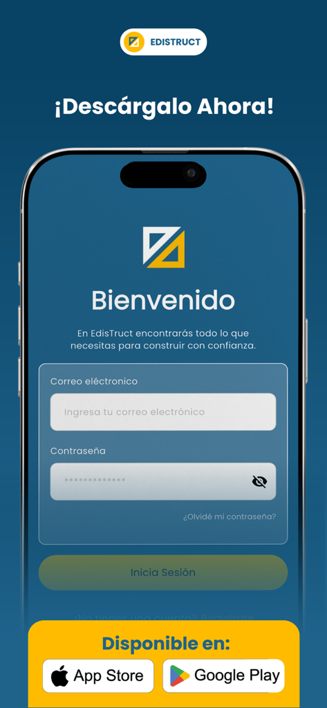 Edistruct - Tela de login do aplicativo móvel Edistruct com mensagem de boas-vindas e campos de login em português.