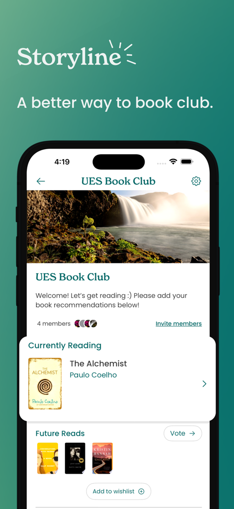 Storyline – Book Club App - Painel do aplicativo do clube do livro Storyline mostrando uma página de clube do livro com a escolha atual do livro e votação para futuras leituras