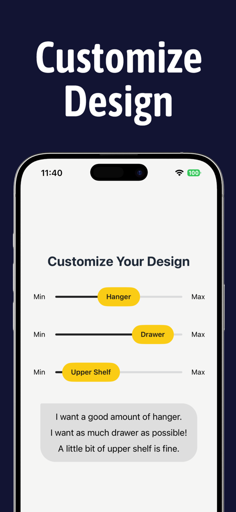 Interfaz de aplicación móvil para personalizar diseños de closets usando controles deslizantes para percheros, cajones y estantes