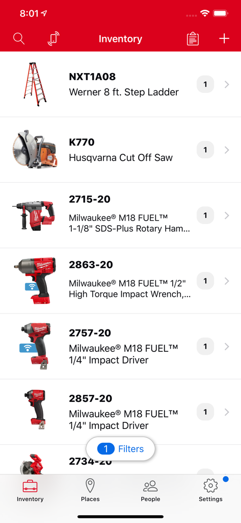 Milwaukee ONE-KEY app inventory screen showing a digital list of managed power tools and job site equipment