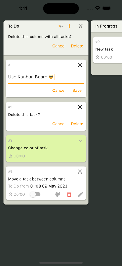 Simple Kanban Board - 작업 카드 및 구성 도구가 있는 칸반 열을 표시하는 모바일 앱 인터페이스