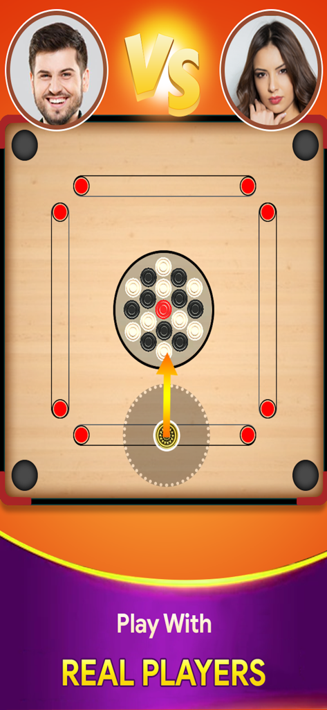 Carrom Pro - Carrom Board Game - Interfaccia del gioco da tavolo Carrom Pro che mostra una partita tra due giocatori reali in modalità VS