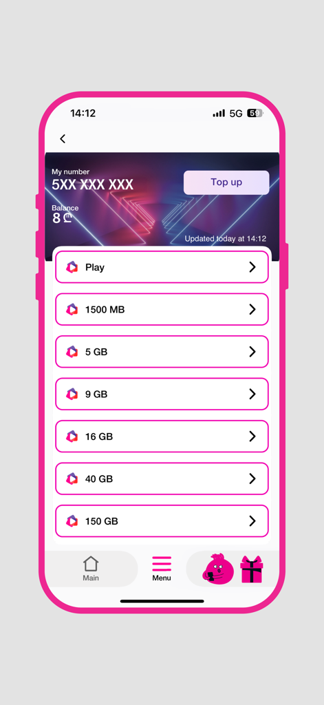 Painel do aplicativo móvel MyCellfie mostrando saldo da conta e opções de pacotes de dados