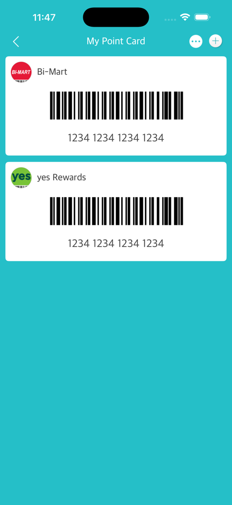 Screenshot of the Membership widget app displaying scannable loyalty card barcodes for Bi-Mart and yes Rewards.
