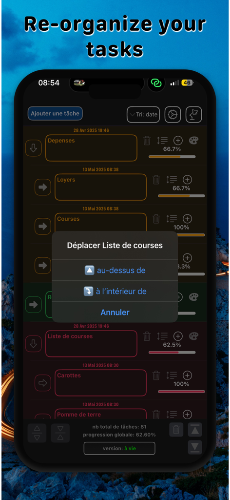 Écran d'iPhone de l'application Gestionnaire de tâches : Suivi des progrès affichant un menu pour réorganiser et imbriquer les listes de tâches avec des barres de progression en pourcentage.