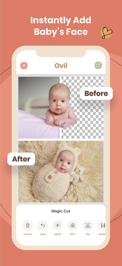 Interfaz de la aplicación Ovil que muestra el rostro de un bebé antes y después de ser agregado a un fondo de estudio profesional