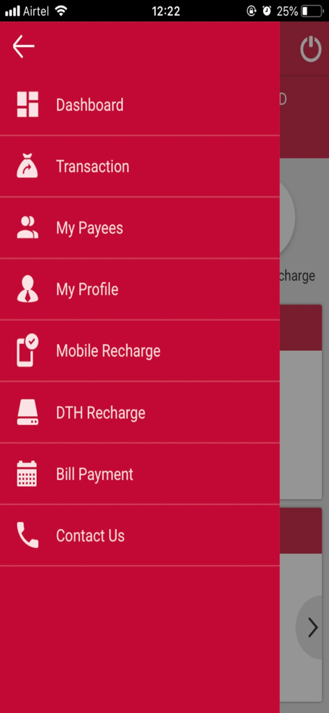 SHGB mBanking app side menu showing navigation options like transaction and recharge
