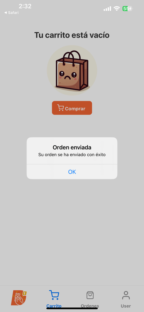 Deuna Go - Captura de tela do aplicativo Deuna Go mostrando um carrinho vazio e uma mensagem de confirmação afirmando que o pedido foi enviado com sucesso.