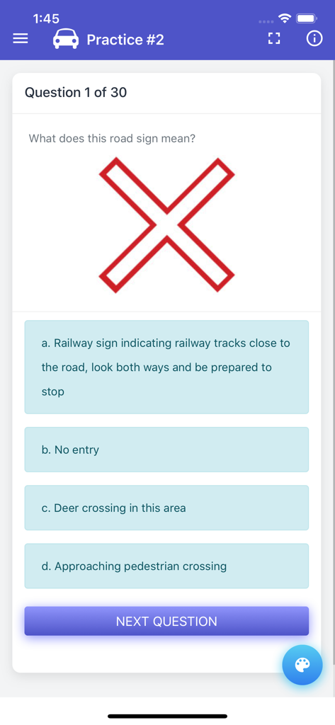 Quebec Class 5 Driving Test - Une question pratique dans l'application Quebec Class 5 Driving Test demandant la signification d'un panneau de signalisation de passage à niveau.