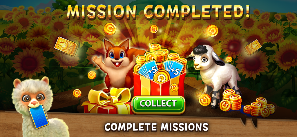 Mission completed screen in Solitaire Golden Prairies with farm animals and rewards over a sunflower field