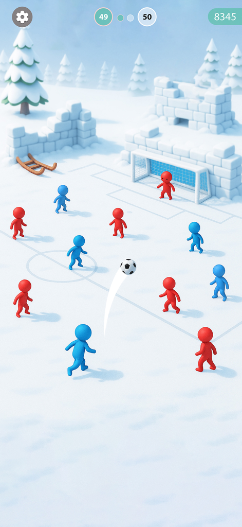 Kick to Score - Mobile game screenshot of Kick to Score featuring a soccer match in a winter setting with players on a snowy field.