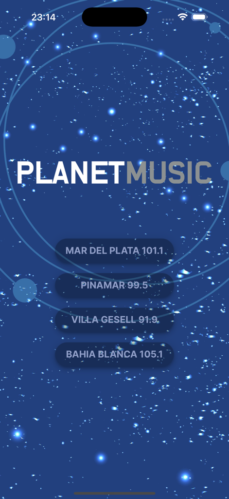 Radio Planet Music FM - Application Radio Planet Music FM affichant la sélection de stations radio pour Mar del Plata Pinamar Villa Gesell et Bahia Blanca