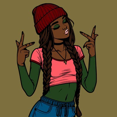 realistic teenage girl with braids and a beanie and crop top doing 🫶🏼