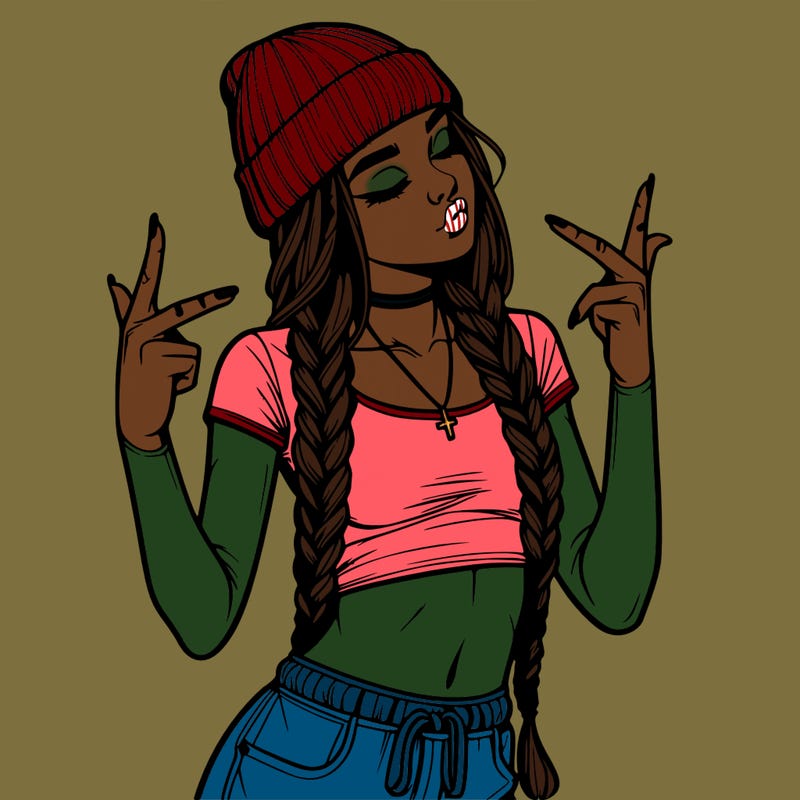 realistic teenage girl with braids and a beanie and crop top doing 🫶🏼