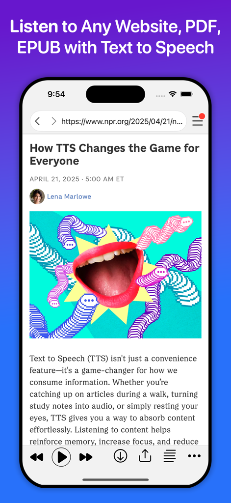 WebOutLoudモバイルアプリインターフェース。ニュース記事が音声再生コントロール付きで読み上げられている様子を表示