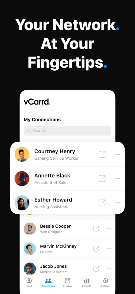 The My Connections screen of the vCarrd app displaying a digital list of professional networking contacts