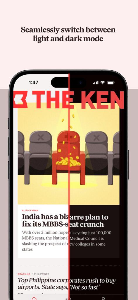 The Ken - A split screen showing The Ken app interface in both light and dark modes.