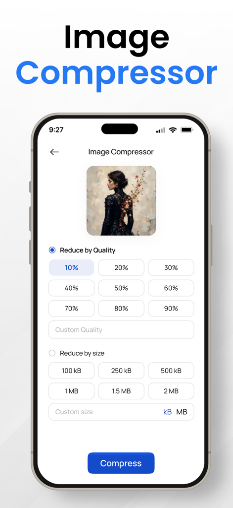 Image Converter to JPG－PDF－PNG - Mobile interface of the image compressor feature showing options to reduce file size and quality