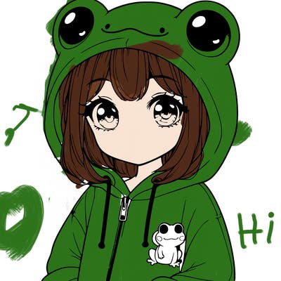 cute realistic girl in a froggy hoodie