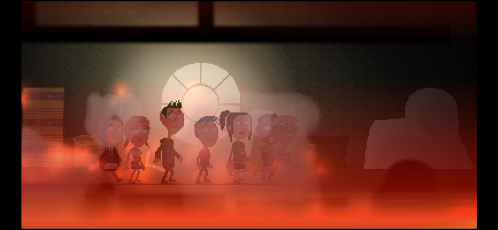 Moth Lake - Um grupo de seis adolescentes em pixel art em pé juntos em uma sala escura com névoa vermelha e uma janela circular brilhante.