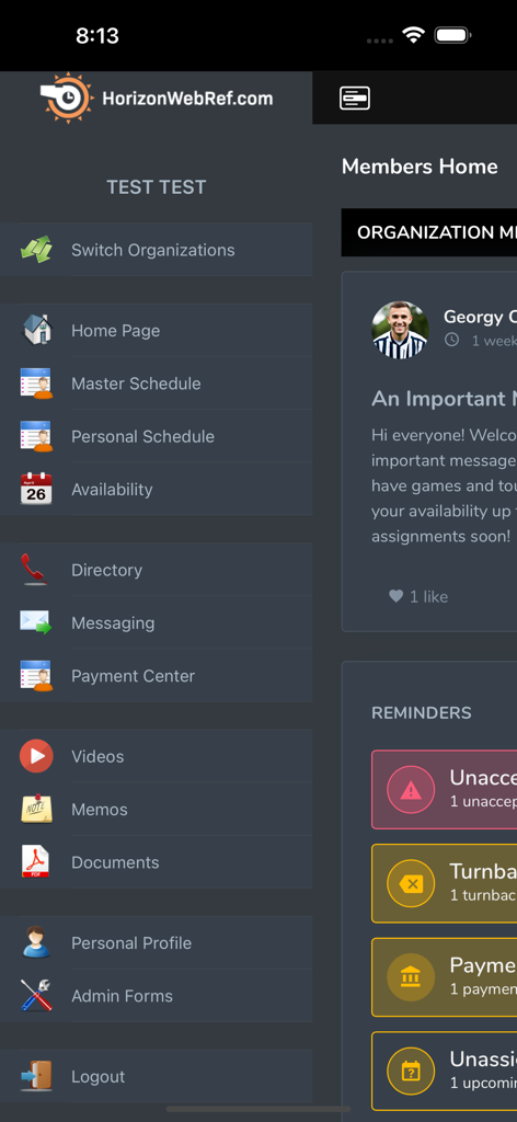 HorizonWebRef.com - The main dashboard of the HorizonWebRef mobile app showing a navigation menu with scheduling and management tools for sports officials.