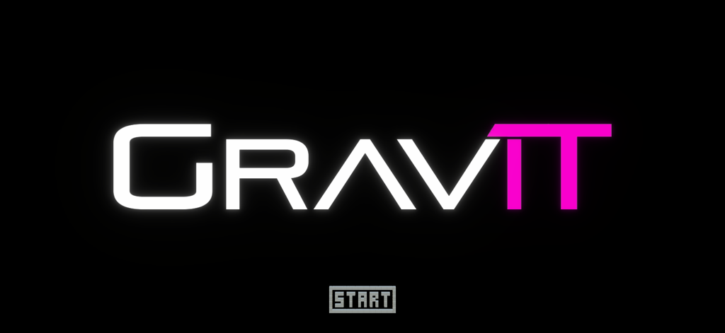 GraviT - Tela de título minimalista do aplicativo GraviT com um logotipo neon brilhante e botão de início em um fundo preto