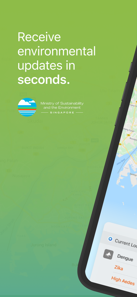 myENV - myENV app interface showing environmental and health alerts like Dengue and Zika in Singapore