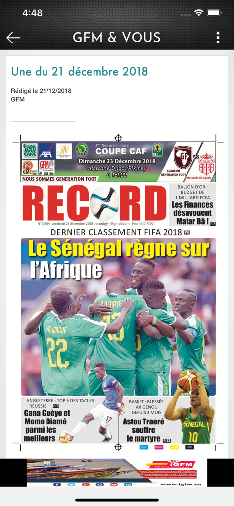 GFM & Vous - GFM and Vous app displaying a Senegalese sports newspaper cover featuring the national football team