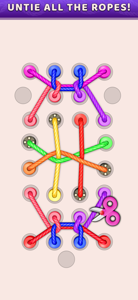Twisted Tangle Rope: Knots 3D - Tangled colorful 3D ropes on pegs in a puzzle game interface