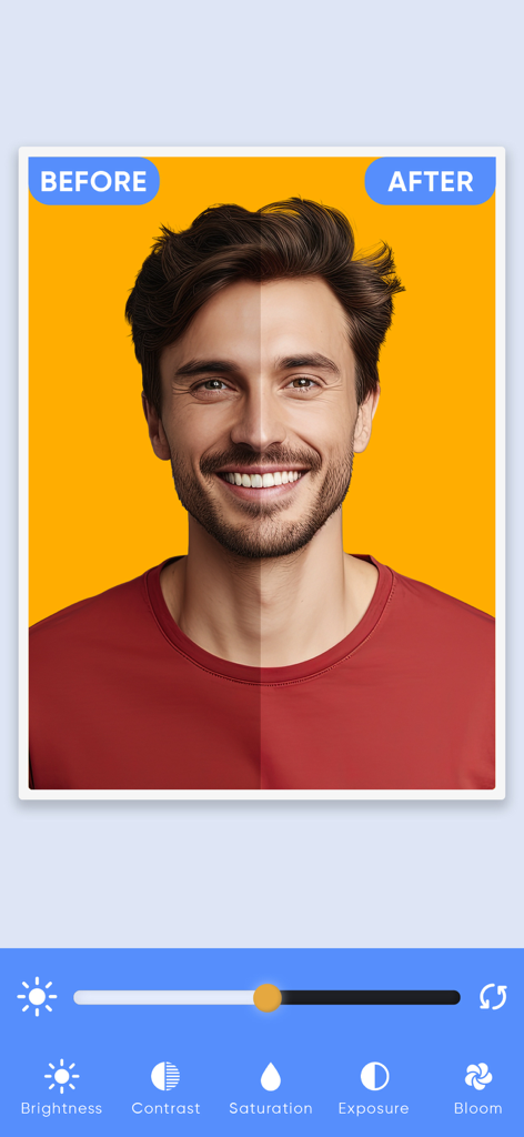 Passport photo maker - AI app - Before and after comparison of a male portrait showing brightness and contrast adjustments in the passport photo maker app.