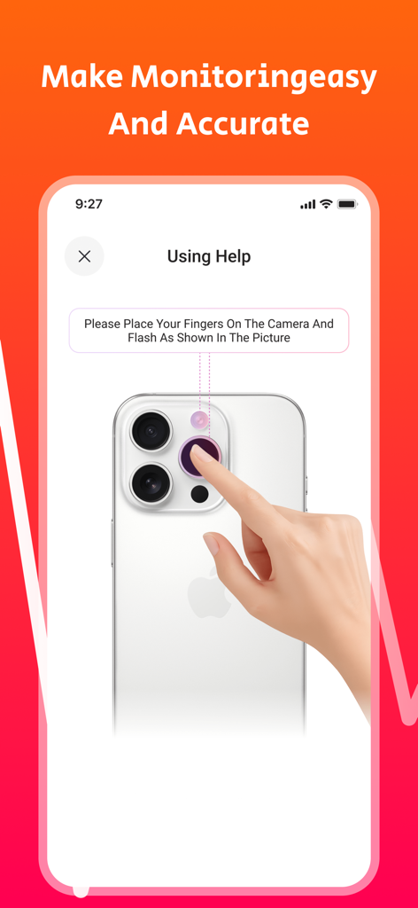 Health Metrics: BP Tracker - Una pantalla tutorial que muestra una mano colocando un dedo sobre la cámara y el flash de un smartphone para medir la frecuencia cardíaca.