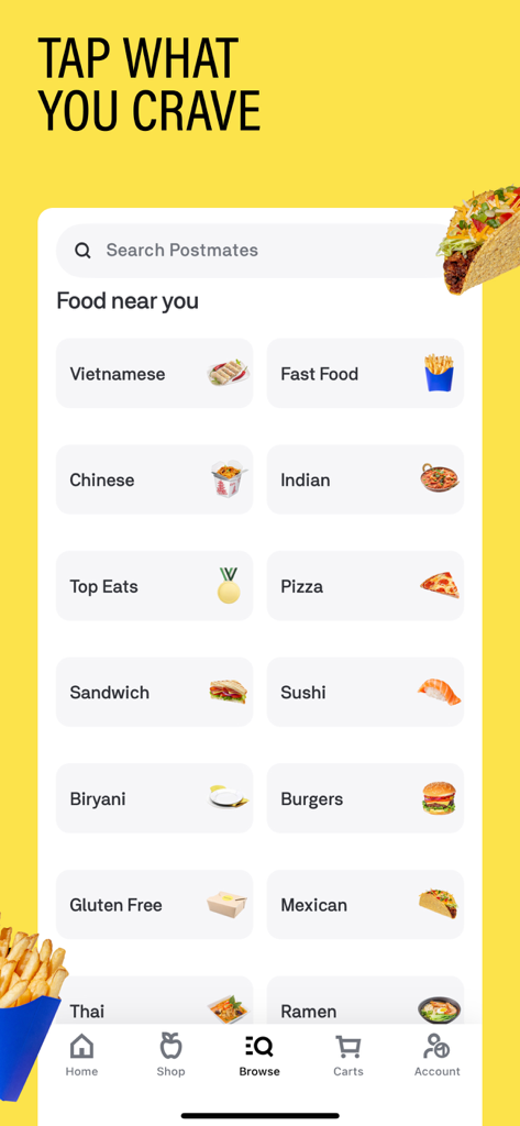 Postmates - Food Delivery - Bildschirm zum Durchsuchen der Postmates-App mit Lebensmittelkategorien wie Pizza, Burger und Sushi.