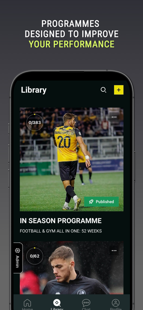 PAPS Training - Smartphone screen displaying the PAPS Training library with a 52-week in-season soccer and gym program.