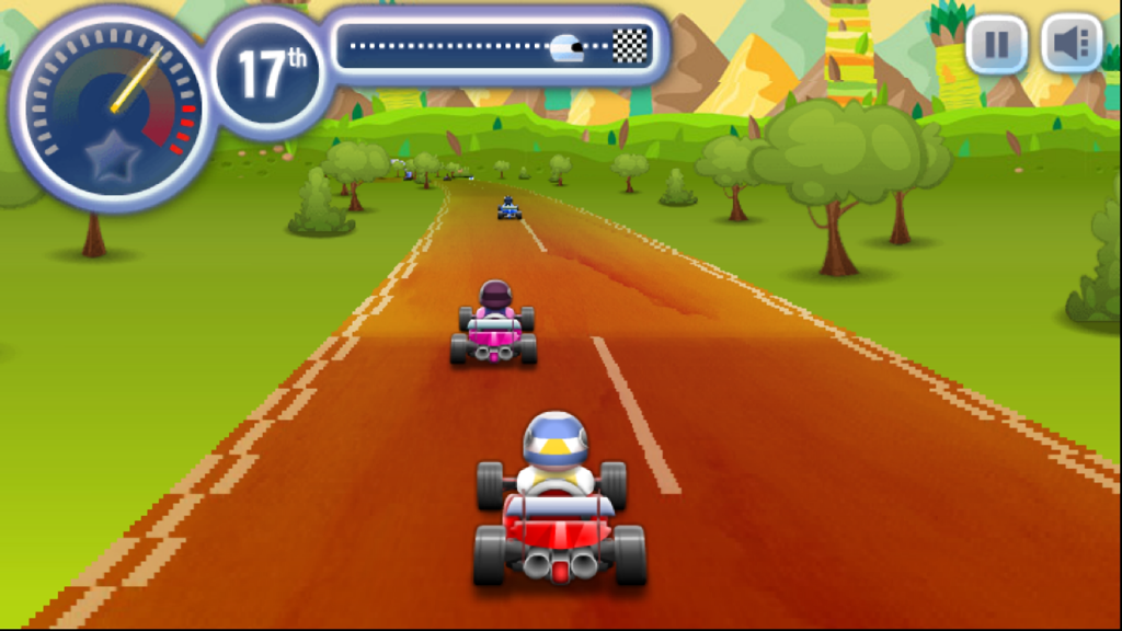 卡丁车赛车手 - 亡命车手的卡丁车竞速 - In game view of Kart Racer showing a red kart on a racing track with hills in the background