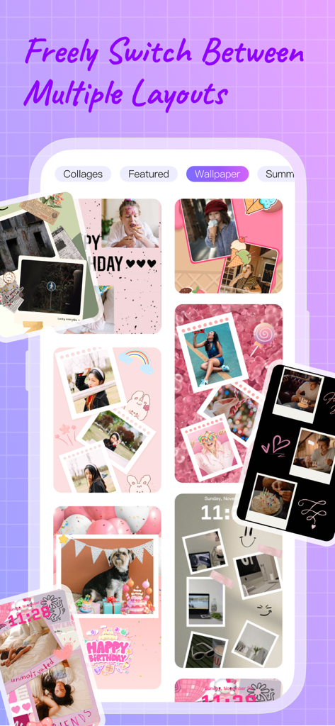 AI Photo Editor: Collage Maker - さまざまなおしゃれな写真コラージュレイアウトと壁紙テンプレートの表示。