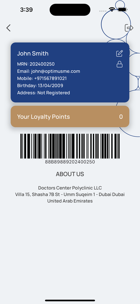 User profile screen in the Doctors Center Polyclinic app displaying loyalty points and a patient identification barcode