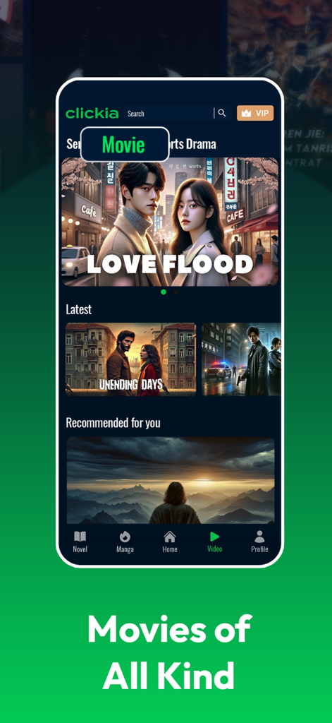 clickia - Clickia mobile app showing a wide variety of movies and series to stream.