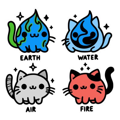4 cats that represent the different elements, earth, water, air, and fire