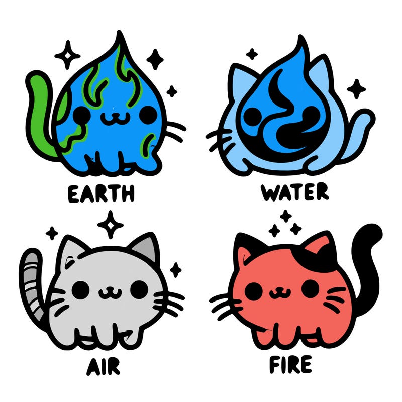 4 cats that represent the different elements, earth, water, air, and fire