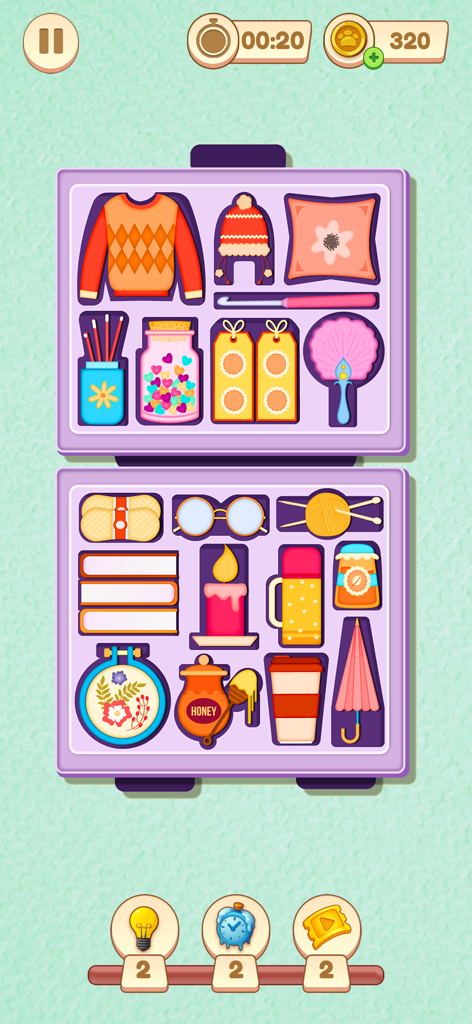 Little Right Organizer Puzzle - A neatly organized two tiered purple suitcase with household and craft items in the Little Right Organizer Puzzle game