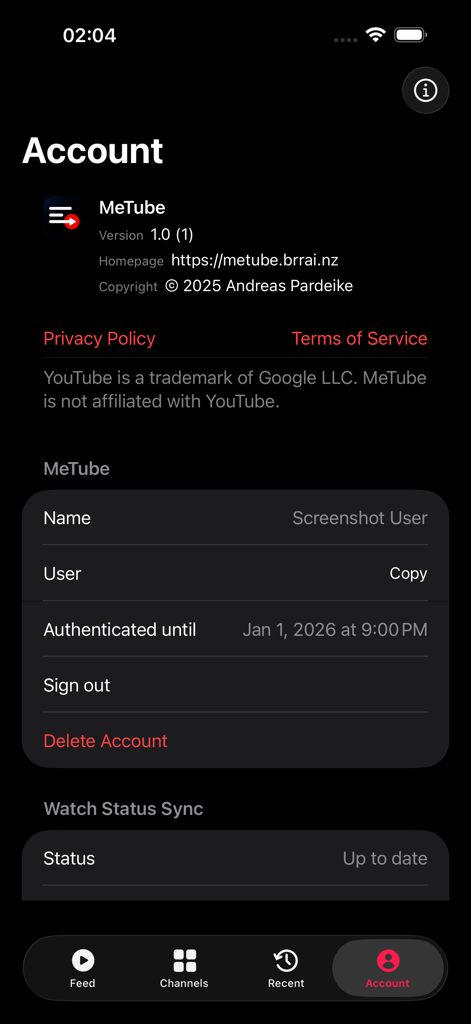MeTube - Your Channels Only - Écran de compte de l'application MeTube montrant les informations du profil utilisateur et les détails de synchronisation du statut de visionnage