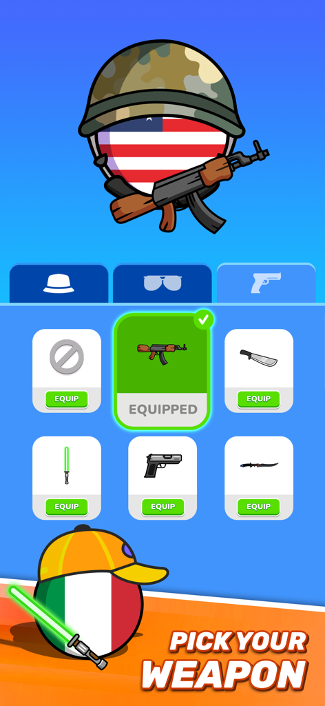 Weapon customization screen in Country Balls World Battle showing an American ball with a rifle and various weapon options like a machete and lightsaber