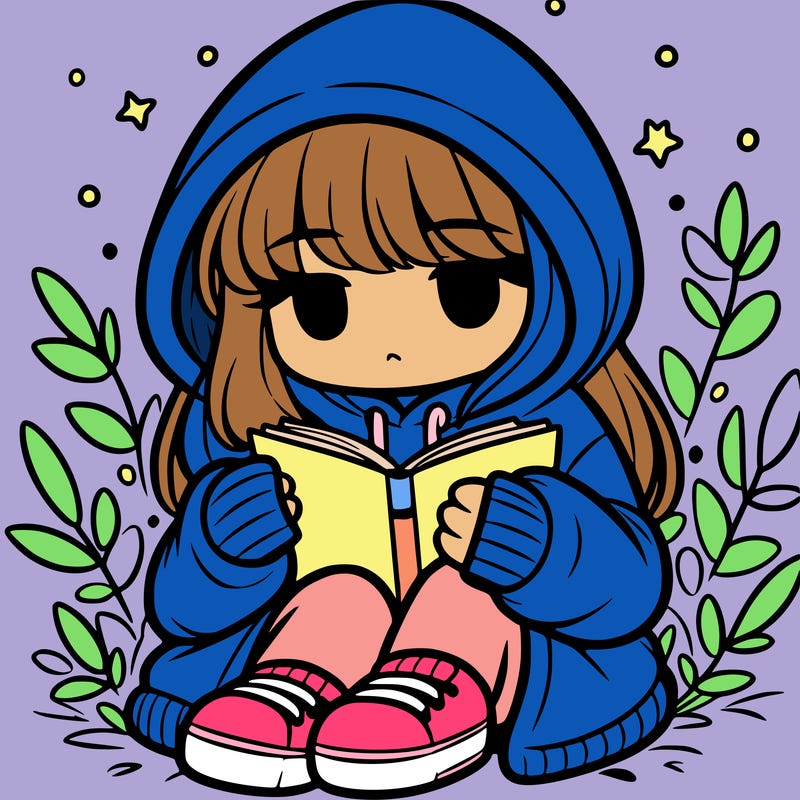 girl in oversized hoodie reading a book