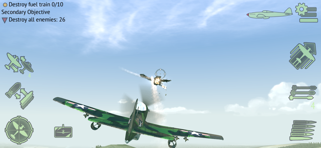 Warplanes: WW2 Dogfight FULL - A US fighter plane shoots down an enemy aircraft in an aerial dogfight with mission objectives displayed on screen