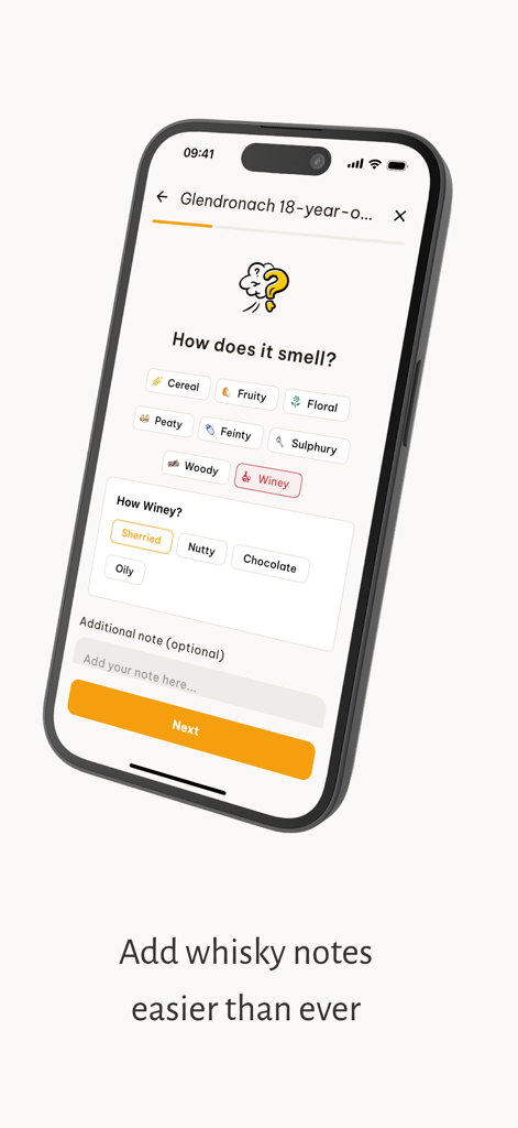 Whiskatch: Whisky Journal - Smartphone screen showing the Whiskatch app with guided prompts to select whisky aromas like peaty and fruity.