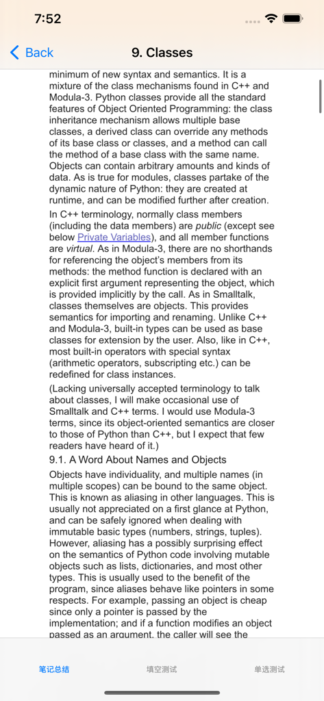 Mobile screen displaying a Python tutorial section on Classes with technical text and navigation buttons
