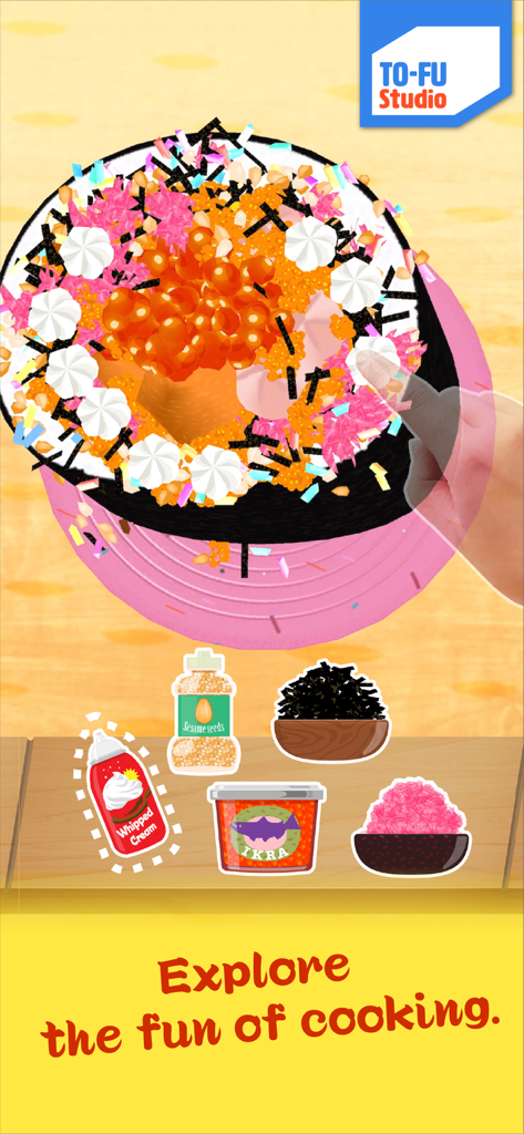 TO-FU Oh!SUSHI 2 - A large sushi roll decorated with colorful toppings and whipped cream in a cooking simulator for kids