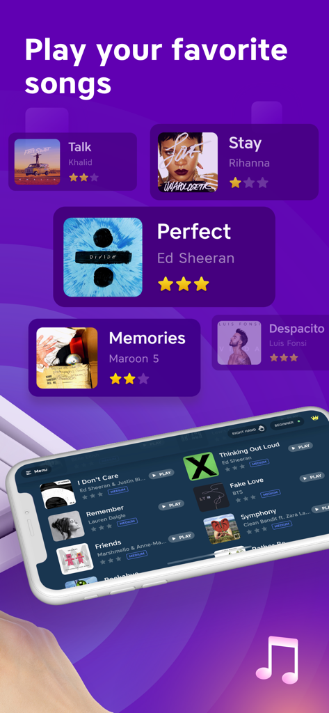 Piano Academy by Yokee Music - Interface of Piano Academy app displaying popular songs like Perfect by Ed Sheeran and Stay by Rihanna for learners to play.