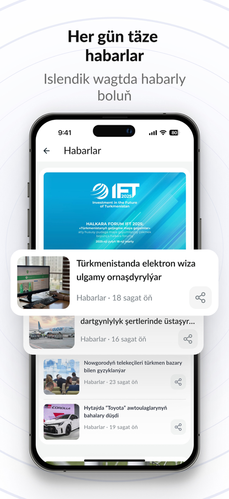 Takyk mobile app news feed showing articles and headlines about Turkmenistan